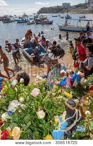 Salvador, Brazil - 2 February 2019: People During The Celebration Of Yemanja At Salvador Bahia On Br