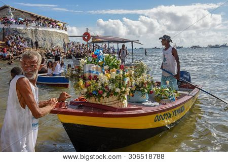 Salvador, Brazil - 2 February 2019: People During The Celebration Of Yemanja At Salvador Bahia On Br