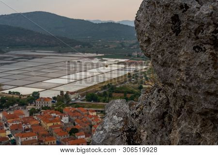 Famous Ancient Medieval City Walls And Fortification In Ston, Dalmatia, Croatia, Peljesac Peninsula