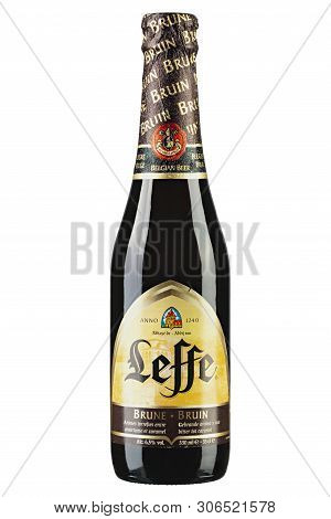 Kiev, Ukraine - June 11, 2019. Leffe Brune Beer Bottle, On White. Leffe Is Made By Abbaye De Leffe I