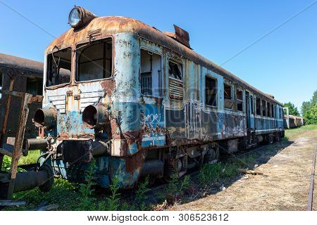 Koscierzyna, Pomeranian Voivodeship / Poland - June 14, 2019: Old Destroyed Wagons And Locomotives O