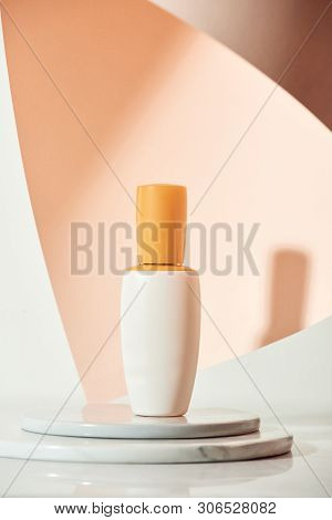 Skincare Product Serum Bottle Mockup Sample Styling On Beige Table With Pink Paper. Product Studio S
