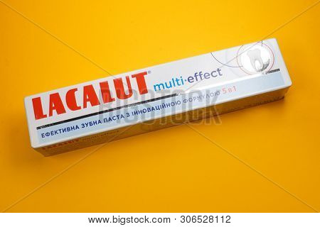 Kyiv, Ukraine - May 27, 2019: With more than 80 years, Lacalut is one of the oldest German dental care brands. Lacalut Aktiv medical toothpaste. 