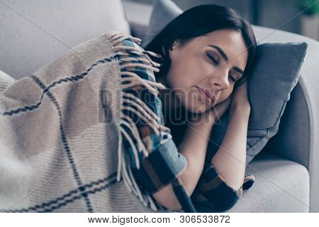 Close Up Photo Beautiful She Her Lady  Fell Asleep After Dinner Hands Arms Under Head Eyes Closed Dr