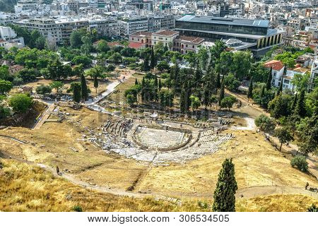 Theatre Of Dionysus At The Foot Of Acropolis, Athens, Greece. It Is An Old Landmark Of Athens. Sceni