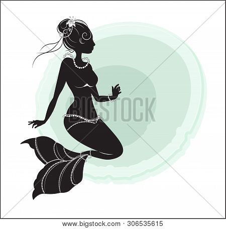 The Beautiful Mermaid Girl Black On Blue Background, The Silhouette
