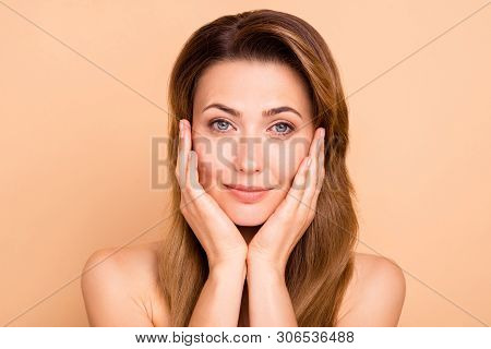 Close Up Photo Beautiful Amazing Mature She Her Lady Hold Hands Arms Cheeks Cheekbones Show Great Go
