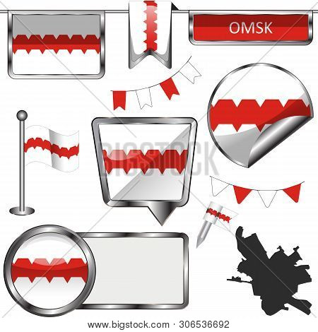 Vector Glossy Icons Of Flag Of Omsk, Russia On White