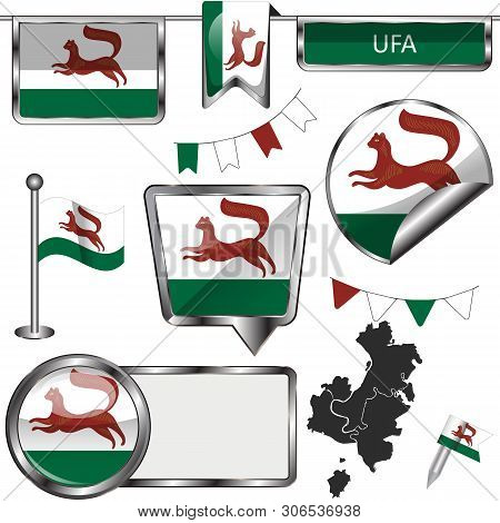 Vector Glossy Icons Of Flag Of Ufa, Russia On White