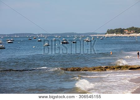 Arcachon, France - September 10, 2018: Boats Moored  In Archachon Bay, Gironde, France