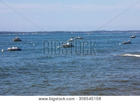 Arcachon, France - September 10, 2018: Boats Moored  In Archachon Bay, Gironde, France