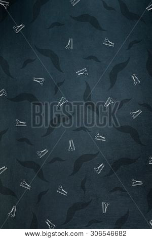 Barber Shop Background. Many Mustache And Hairdresser Scissors And Comb Icons. Dark Background. Back