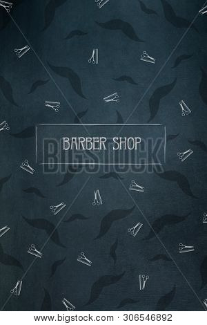 Barber Shop Background. Many Mustache And Hairdresser Scissors And Comb Icons. Dark Background. Back