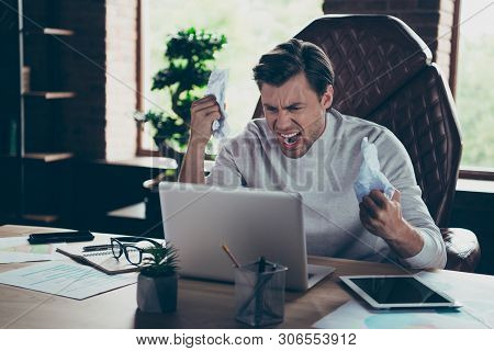 Portrait Of Hie He Attractive Evil Crazy Devastated Wild Furious Executive Partner Company Director 