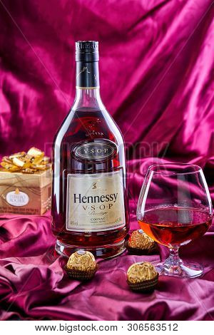 Tel Aviv, Israel - June 15, 2019. A Bottle Of French Cognac Hennessy V.s.o.p With A Glass Of Cognac 