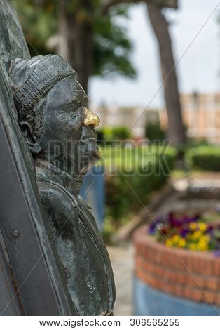 Corfu, Greece - 20 May 2019: Brass Bust Of Lawrence Durrell By Old Fortress