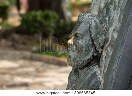 Corfu, Greece - 20 May 2019: Brass Bust Of Gerald Durrell By Old Fortress