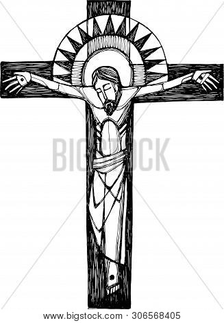 Hand Drawn Vector Illustration Or Drawing Of Jesus Christ At The Cross