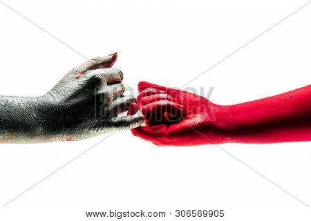 Different People Came To Firt Peace After Argument. Gentle And Ceraful Touch With Little Finger. Con