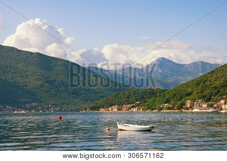 Beautiful  Mediterranean Landscape  On Sunny Summer Day - Mountains, Sea And Fishing Boat On The Wat