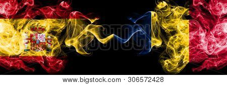 Spain Vs Chad, Chadian Smoky Mystic Flags Placed Side By Side. Thick Colored Silky Smokes Flag Of Sp
