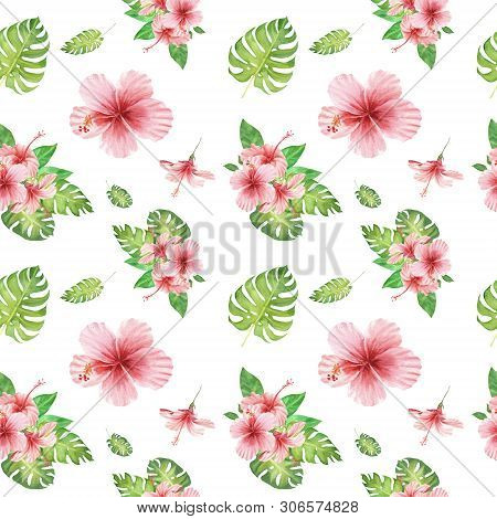 Hand Drawn Watercolor Floral Tropical Seamless Pattern With Green Monstera Leaves And Pink Hibiscus 
