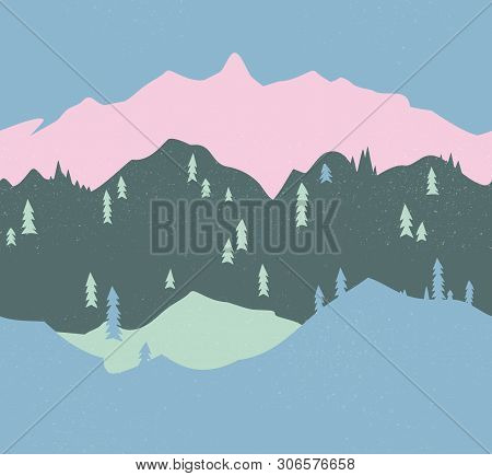 Mountain And Forest Seamless Pattern. Endless Illustration.