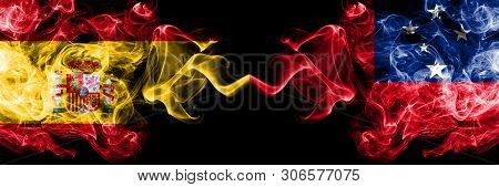 Spain Vs Samoa, Samoan Smoky Mystic Flags Placed Side By Side. Thick Colored Silky Smokes Flag Of Sp