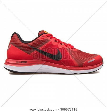 Vienna, Austria - August 10, 2017: Nike Dual Fusion X 2 Red And Black Sneaker On White Background.