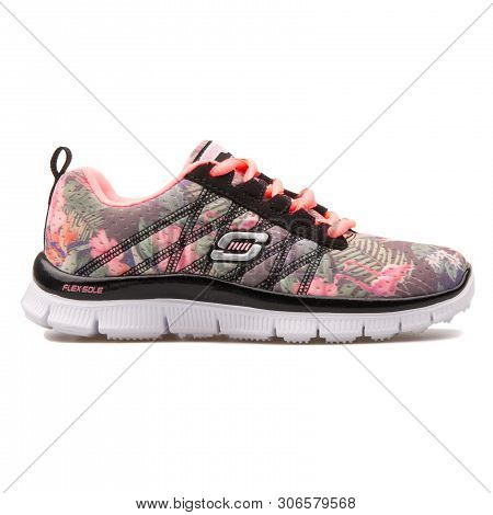 Vienna, Austria - August 10, 2017: Skechers Skech Appeal Floral Bloom Black And Pink Sneaker On Whit