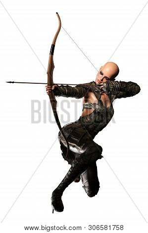 Bald Elf Archer Woman with Bow and Arrow , 3D illustration, 3D Rendering