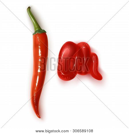 Hot And Spicy Sauces Spilled With Drops Realistic Illustration. Appetizing Culinary Ingredient And S