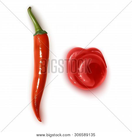 Hot And Spicy Sauces Spilled With Drops Realistic Illustration. Appetizing Culinary Ingredient And S