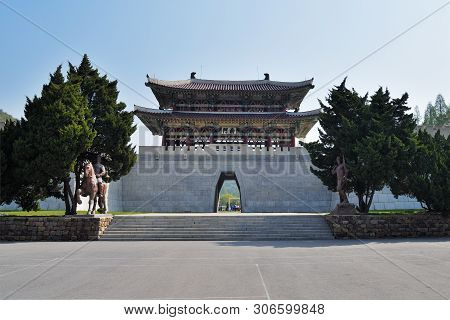 Pyongyang, North Korea - May 1, 2019: Gate In Taesongsan Park. Built In Tradition Koguryo Style. The