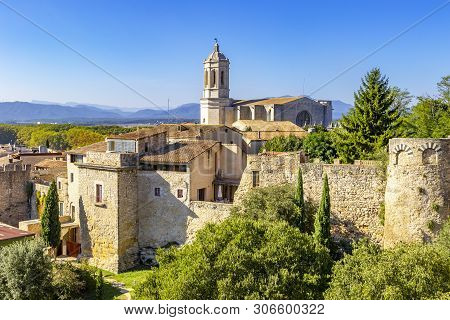 Girona Cathedral, Also Known As The Cathedral Of Saint Mary Of Girona, Aerial View Of Girona City In