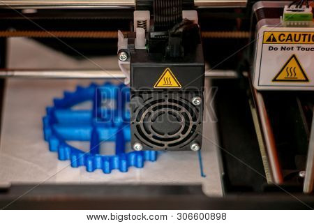 Perm, Russia - June 14, 2019: 3d Printer Printhead During Printing Volume Detail In Close-up With Bl