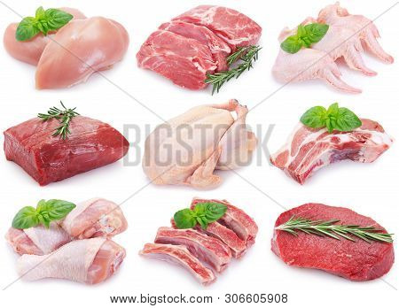 Collection Of Raw Meat Isolated On White Background