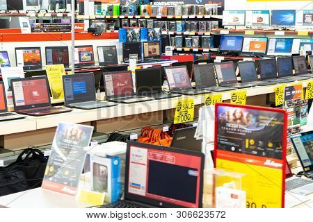 Chelyabinsk Region, Russia - June 2019. Household Electrical Appliances Store M Video. Shelving With