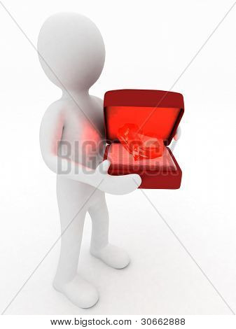 3D hombre sosteniendo una caja con un corazón de diamante