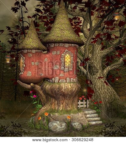 Fairytale Elf Palace In The Misty Forest - 3d Illustration