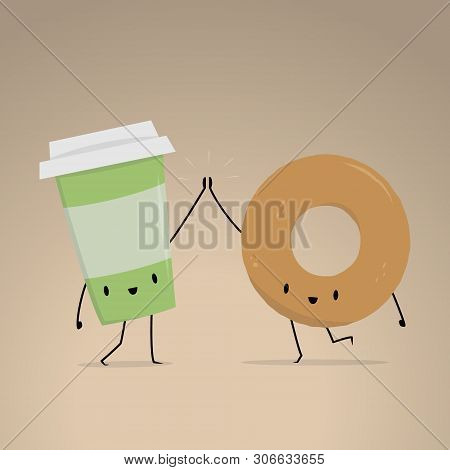 Cute Coffee Cup And Delicious Bagel High Five