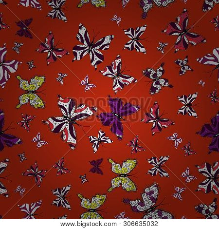 Bright Tattoo For Your Back. Beautiful Colorful Butterfly On Red, White And Brown Background. Illust