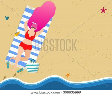 Woman On Summer Beach. Girl In Red Bikini Burn And Relaxing On Sandy Seaside. Summertime Poster Desi