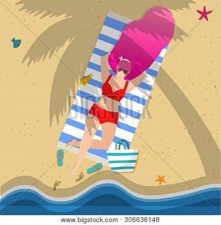Woman On Beach Under Palm Tree. Summer Time Vacation, Leisure, Beautiful Girl Character In Sunglasse