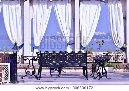 Udaipur, Rajasthan / India - 16th June 2019: Abstract Background Of Colourful Wedding Tent Setup Wit