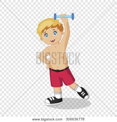 Little Boy Exercising With Dumbbell. Sport, Athletic Child Character Healthy Lifestyle Isolated On T