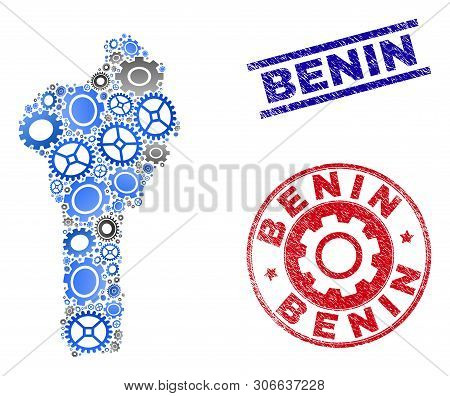 Repair Workshop Vector Benin Map Mosaic And Seals. Abstract Benin Map Is Created From Gradient Scatt