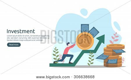 Business Investment Concept. Dollar Pile Coin, Tiny People, Money Object. Graphic Chart Increase. Fi