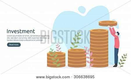 Business Investment Concept. Dollar Pile Coin, Tiny People, Money Object. Graphic Chart Increase. Fi