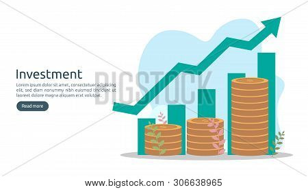 Business Investment Concept. Dollar Pile Coin, Tiny People, Money Object. Graphic Chart Increase. Fi